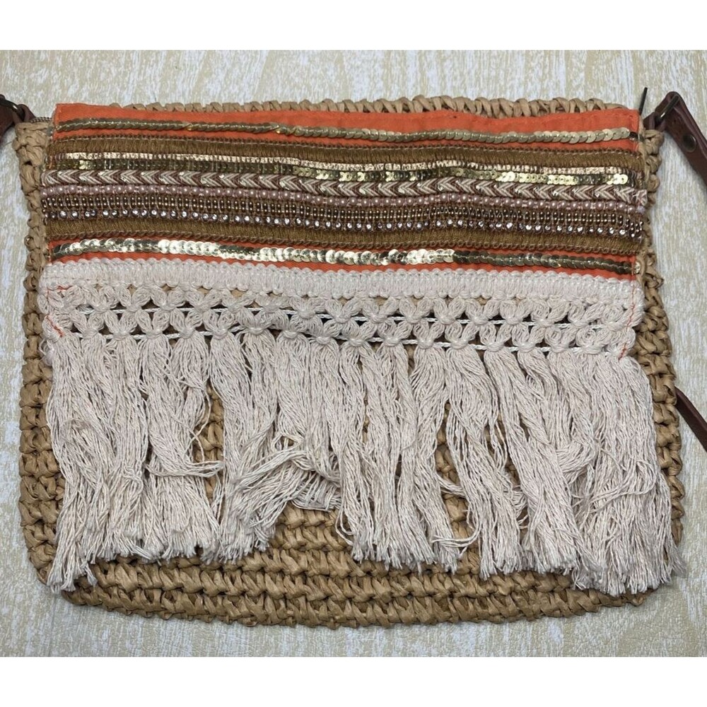 Sun 'N' Sand Accessories Tan Straw Woven Crossbody Boho Hippie Purse
